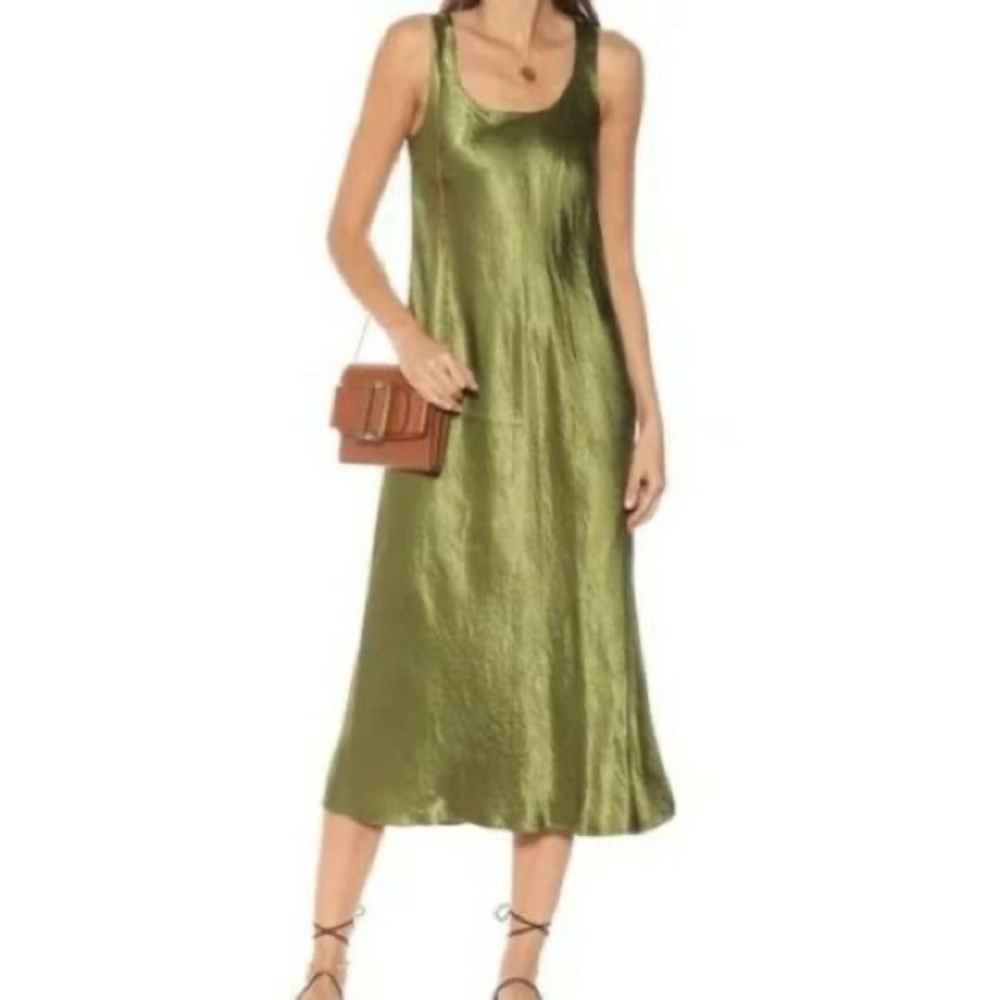 VINCE Satin Olive Midi Dress NWT